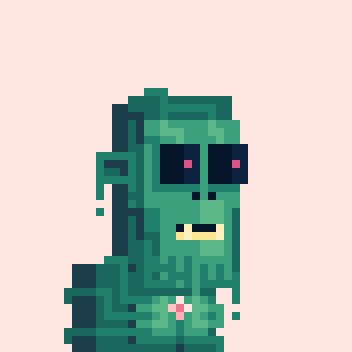 A pixel art image of a small green creature or ghost-like character with purple eyes and a pink heart on its chest, set against a peach-colored background.