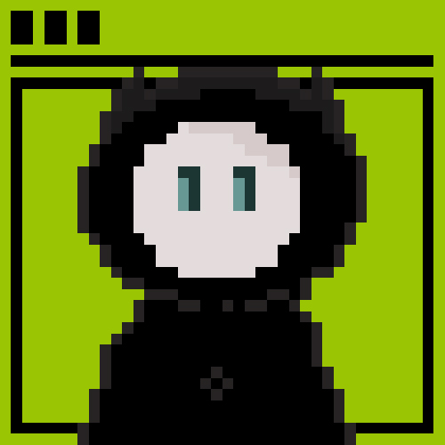 A pixel art style portrait of a character with black hair, pale skin, and teal eyes against a green background, styled like a simple computer window.