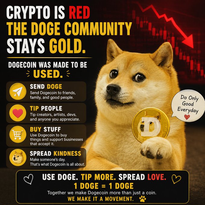 The image features a brown dog holding a gold coin with its paws. The caption reads "Crypto is red today? The Doge community keeps doing what Bitcoin was made for: using it." This statement suggests that the dog might be promoting or encouraging people to use cryptocurrency, as they are referred to as "the Dogecoin community" in the image.
