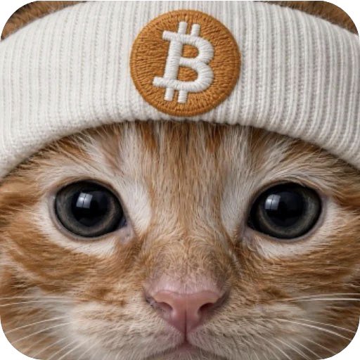 An adorable close-up of a cat wearing a white beanie featuring the Bitcoin (₿) logo, perfectly embodying the "$BTC is the Bitcoin version of Zcat" caption by fusing internet cat culture with cryptocurrency.