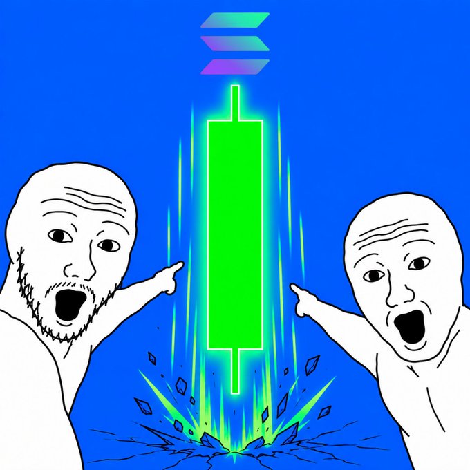 The image shows two Wojak meme characters pointing excitedly at a giant glowing green Solana ($SOL) candlestick chart emerging from cracked ground beneath the Solana logo, with the post referencing SOL printing its first green monthly candle since September 2025 and playfully wondering if history will repeat itself this September. The meme humorously uses the Wojak format to hype the bullish green candle pattern on the SOL chart.