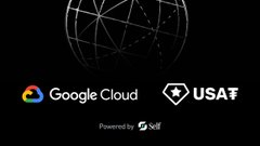 A dark digital graphic featuring a glowing geometric brain/neural network illustration on a black background, with "Google Cloud" logo and "USA₮" branding at the bottom, powered by Self.