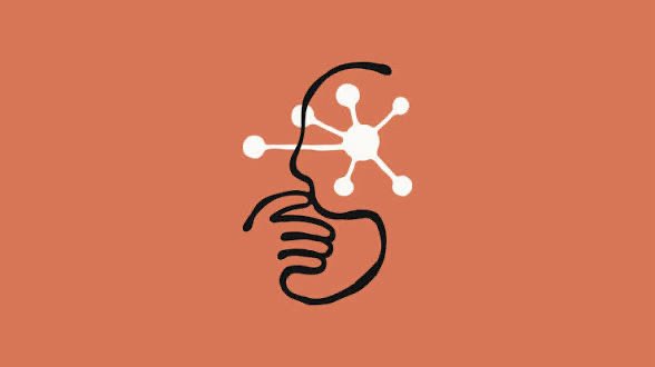 A minimalist graphic on an orange background depicts a black line drawing of a hand holding a glowing white neuronal network or molecular structure.