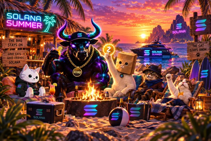A vibrant sunset beach scene features a muscular purple bull wearing a "$OLANA" chain alongside several cats around a bonfire, with neon signs displaying "SOLANA SUMMER," "THE BAG STAYS ON," and a boat in the background emblazoned with the Solana logo—visually capturing the bullish, tropical "Solana Summer" crypto celebration theme.