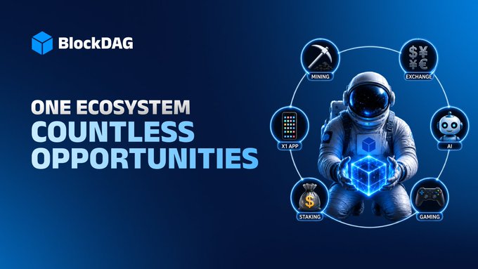 A BlockDAG promotional graphic featuring an astronaut holding a glowing blue cube, surrounded by icons representing Mining, Exchange, AI, Gaming, Staking, and the X1 App, with the text "BlockDAG — ONE ECOSYSTEM. COUNTLESS OPPORTUNITIES." displayed prominently.
