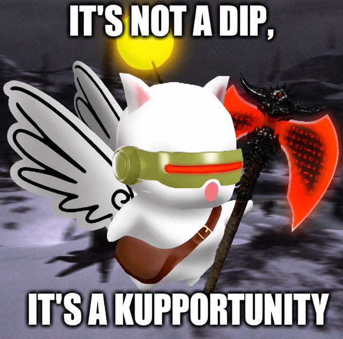 A meme featuring an angel cat character with a glowing red axe, captioned 'IT'S NOT A DIP, IT'S A KUPPORTUNITY'.