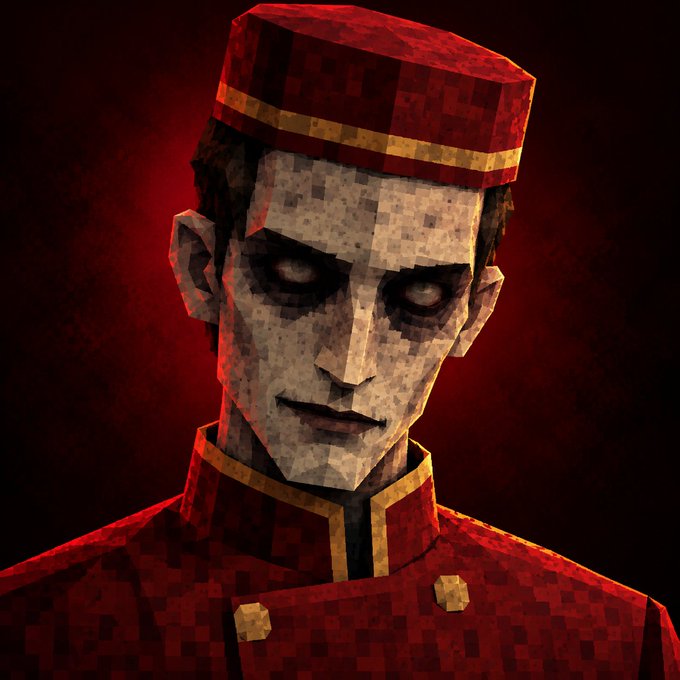 A pixelated, ghostly bellhop with hollow eyes and pale skin wears a red bellhop uniform and pillbox hat, evoking the haunted hotel horror game teased in the post. The eerie, low-poly aesthetic complements the mint announcement, suggesting a chilling, retro-style survival experience set within a sinister hotel.