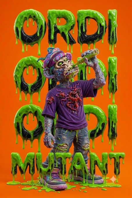 A horror-style illustration of a zombie character drinking a bottle against an orange background with dripping green text reading 'ORDI OF MUTANT'.