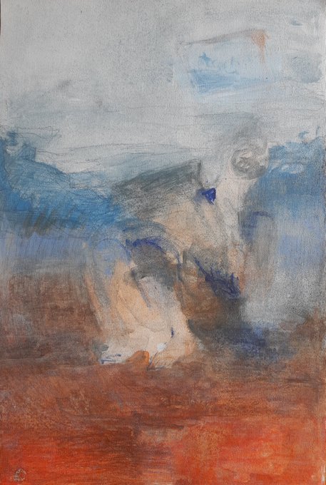 An impressionist painting depicting a kneeling or crouching figure rendered in loose brushstrokes of blue, white, and earthy orange tones.