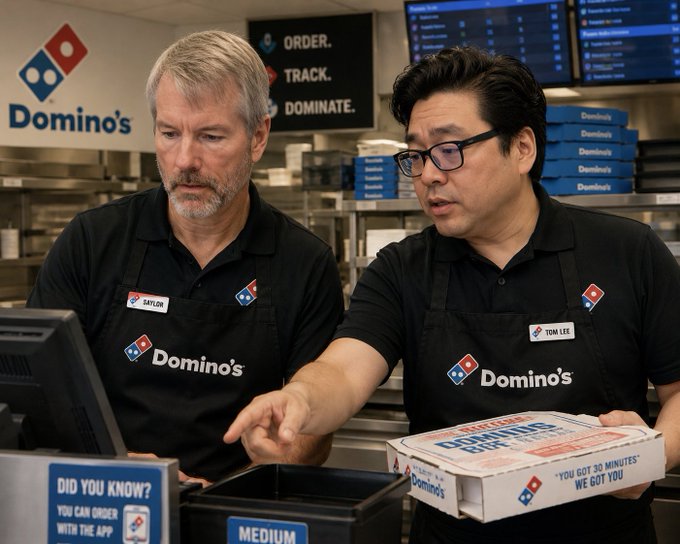The image shows two men wearing black shirts with "Domingos" written on them, standing behind a cash register at a pizza shop. One man is pointing towards something on the screen while the other man looks at him attentively. The scene takes place in front of a pizza display case filled with pizzas and a menu board displaying various pizza options.