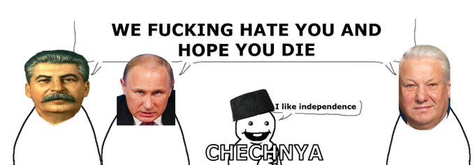 This meme depicts a confrontation between political figures and Chechnya, where Joseph Stalin and Vladimir Putin state, "WE FUCKING HATE YOU AND HOPE YOU DIE," while Chechnya replies, "I like independence." The accompanying post's message about perseverance relates to the image by framing the struggle for Chechnyan independence as a persistent movement despite intense opposition.