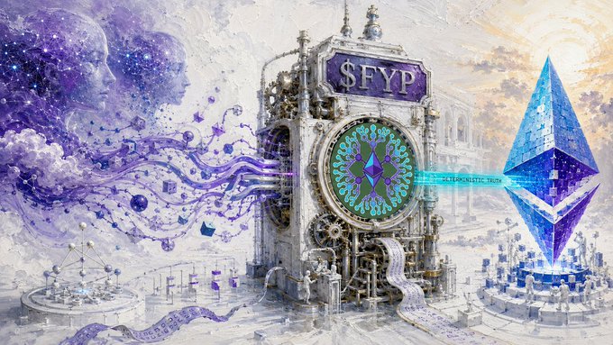 A futuristic fantasy artwork featuring an ornate clock tower labeled '$FYP', an Ethereum logo on the right, and ethereal purple figures on the left, with text reading 'DIFFERENTIATE: TRUTH'.