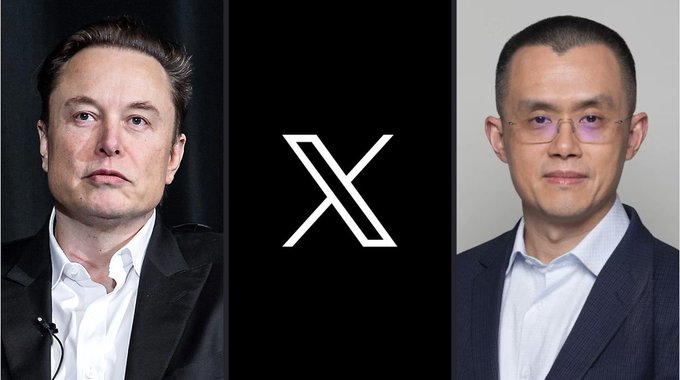Elon Musk and Changpeng Zhao (CZ) of Binance are pictured on either side of the X logo, representing the $500 million investment Binance made in Musk's $44 billion acquisition of Twitter.