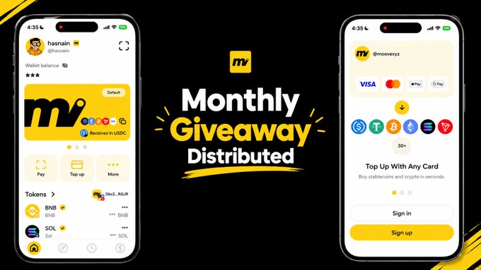 A promotional graphic announces a 'Monthly Giveaway Distributed' by 'mv', showing two smartphone screenshots of the crypto wallet app interface with various tokens and payment options.