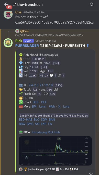 A Discord post in #the-trenches shows user "Cris" sharing a suspicious-looking contract address (0x65FA36Fe3c0f4beB9d793cd9a79C7F53ef4b82cc) for the PURRSUADER ($PURRS/ETH) token, with Rick replying via an embedded app displaying market data including FDV of 131K, Liquidity of 17.6K, and a chart showing recent price activity. The accompanying post about letscash.fun and $CASHCAT doesn't appear to relate to this image, which instead shows a different token discussion rather than the cashcat launch pad mentioned.
