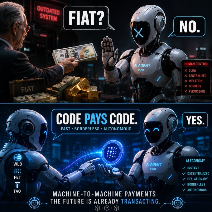 The image features two robots, one holding a stack of money and the other robot pointing at the money. The first robot has a speech bubble that says "FAT? Fiat?" while the second robot has a speech bubble with "code pays code." This suggests that the image is promoting the idea of using code to facilitate transactions between AI agents instead of traditional fiat currency, which could potentially revolutionize the way we interact with machines and technology.
