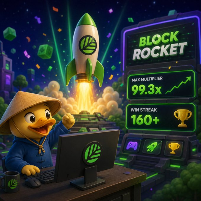 A 'Block Rocket' gaming/crypto promotional image featuring a duck character in traditional Asian attire with a conical hat at a computer, showing stats of 99.3x max multiplier and 160+ win streak.