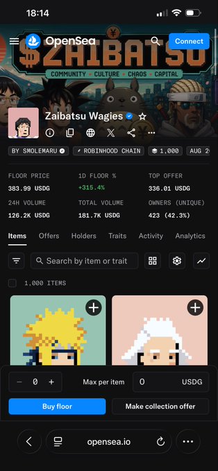 OpenSea mobile app displaying the 'Zaibatsu Wagies' NFT collection on the Robinhood Chain, showing a floor price of 383.99 USDG and pixel-art character items.