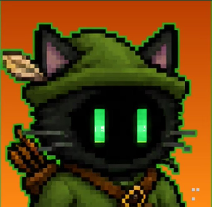 A pixel art portrait of a dark, cat-like figure with glowing green eyes wearing a green hat with a bone accent, set against an orange background.