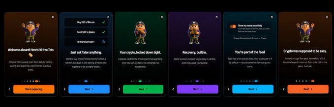 A series of onboarding tutorial screens for a crypto trading app called 'Heros' featuring an animated miner character, explaining features like sending/receiving crypto, built-in exchanges, and participating in airdrops.