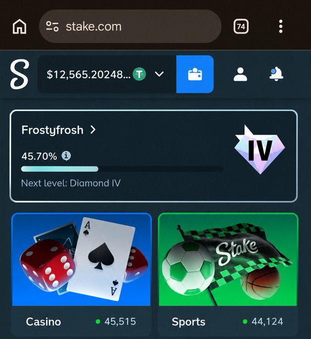 A screenshot of the user's Stake.com account dashboard showing the username "Frostyfrosh" at Diamond IV level (45.70% progress), a balance of $12,565.20248 in USDT, along with Casino (45,515) and Sports (44,124) wagering activity, which they are posting as proof to enter a $100 tip giveaway on Stake.