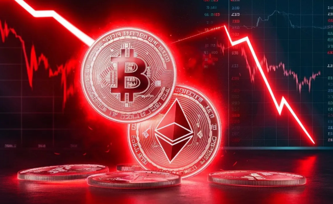 A dramatic red-toned image shows Bitcoin and Ethereum physical coins against a background of crashing stock market charts and downward trending graphs, symbolizing a crypto market downturn.