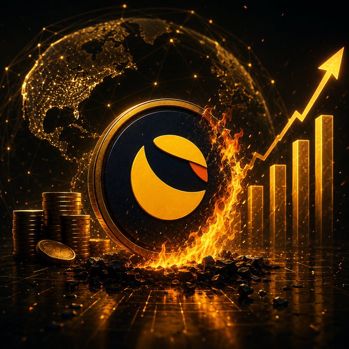 The image depicts the Terra Classic (LUNC) cryptocurrency token—identifiable by its distinctive yellow and black logo—engulfed in flames against a glowing golden globe, with stacks of coins and an upward-pointing bar chart symbolizing market performance. The fiery imagery visually echoes the post's data showing LUNC's negative price movement (-0.99% in 24H, -16.19% over 1 month), reinforcing the token's current bearish performance with a subtle hint of potential future recovery.