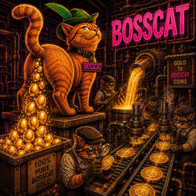 A vibrant illustration of an orange tabby cat wearing a green feathered hat and a 'BOSSCAT' tag, sitting on boxes of gold coins in an industrial setting with cats working at machinery and a 'GOLD TO BOSSCAT COINS' sign.