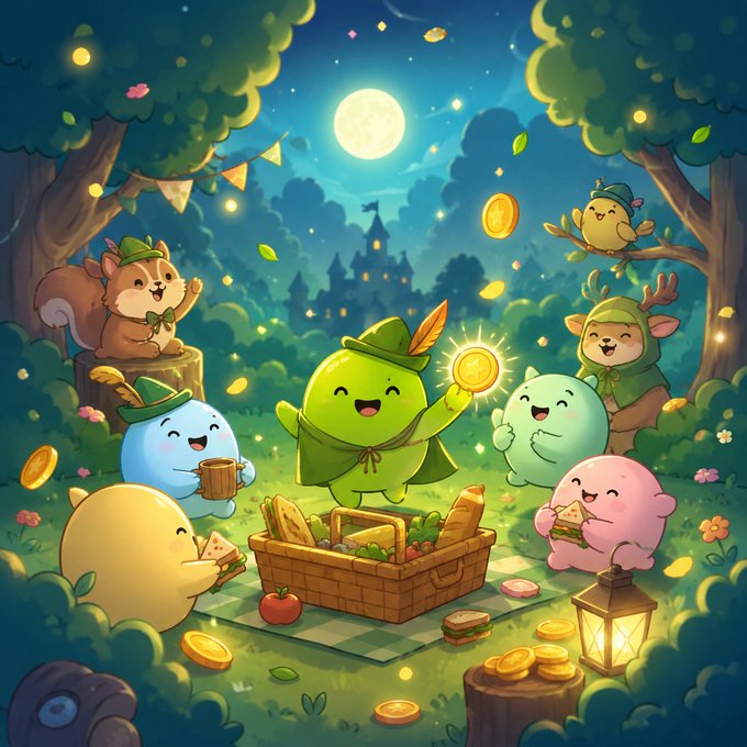 A colorful cartoon illustration depicts cute round creatures having a picnic with bread and fruit at night under a full moon.