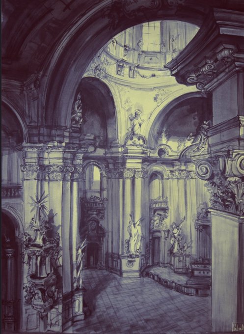 A monochromatic sketch of an ornate, baroque cathedral interior featuring dramatic arches, classical statues, and sculptural details. The artwork showcases intricate architectural rendering with soft yellow and deep purple shading, capturing the grandeur of a sacred space with vaulted ceilings and elaborate decorative elements.