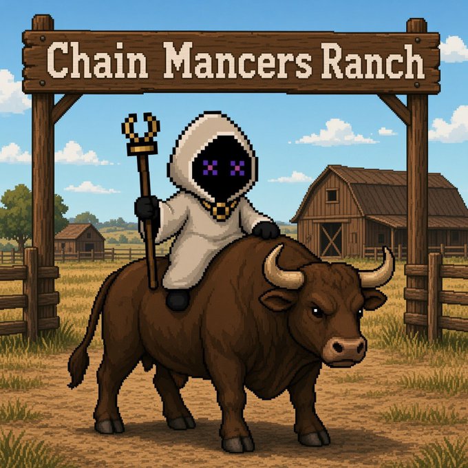 Pixel art illustration of a hooded figure with glowing purple X eyes riding a brown bull at "Chain Mancrs Ranch," holding a staff topped with a Bitcoin symbol.