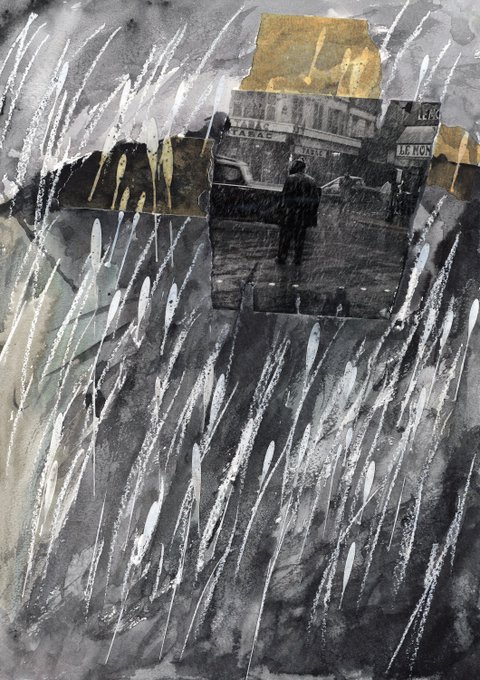 A mixed media artwork combining collage, watercolor, and white splatter paint effects, depicting a small black and white photographic element of a man in front of a building, set against gray and yellow tones.