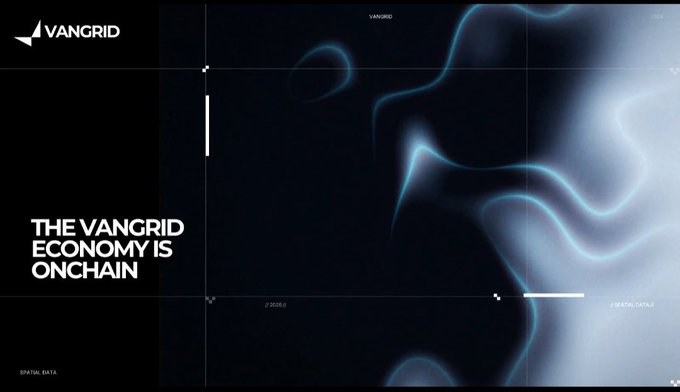 A dark promotional graphic for 'VANGRID' featuring flowing blue light waves and the text 'THE VANGRID ECONOMY IS ONCHAIN.'