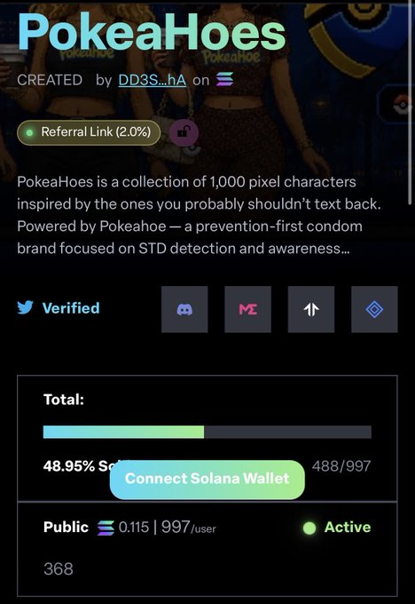 A screenshot of a "PokeaHoes" NFT project page on Solana, showing 48.95% sold (488/997), a 2.0% referral link, and a "Connect Solana Wallet" button.
