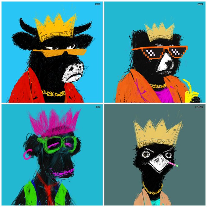 A four-panel illustration shows stylized black cow or bird-like figures adorned with crowns, sunglasses, and gold chains in vibrant, pop-art colors against turquoise backgrounds.