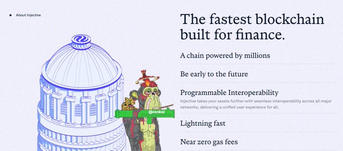 The image features a cartoon depiction of a monkey holding a green sign that says "Inj" above his head. The background of the image is white with a blue border. Below this image, there is text explaining the concept of Injective and its purpose in making onchain finance faster, cheaper, and easier to manage.