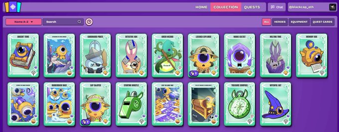 A screenshot of a digital card collection interface featuring various cartoonish characters and items like an 'ANCIENT TOMB' and 'WORM EXPLORER' on purple cards.