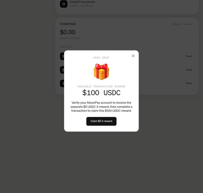 A MoonPay popup advertises a "USDC DROP" with a $100 USDC variable transaction reward, instructing users to verify their MoonPay account and complete a transaction to claim a $5 USDC x reward—illustrating the post's point that the real "reward" was free advertising by users sharing the misleading offer on crypto Twitter.