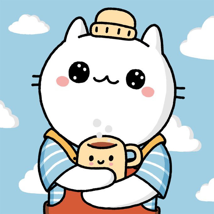 A cute kawaii-style illustration of a white cat character with large black eyes, pink cheeks, and a small beige hat, holding a steaming cup of coffee or tea against a blue sky with clouds.