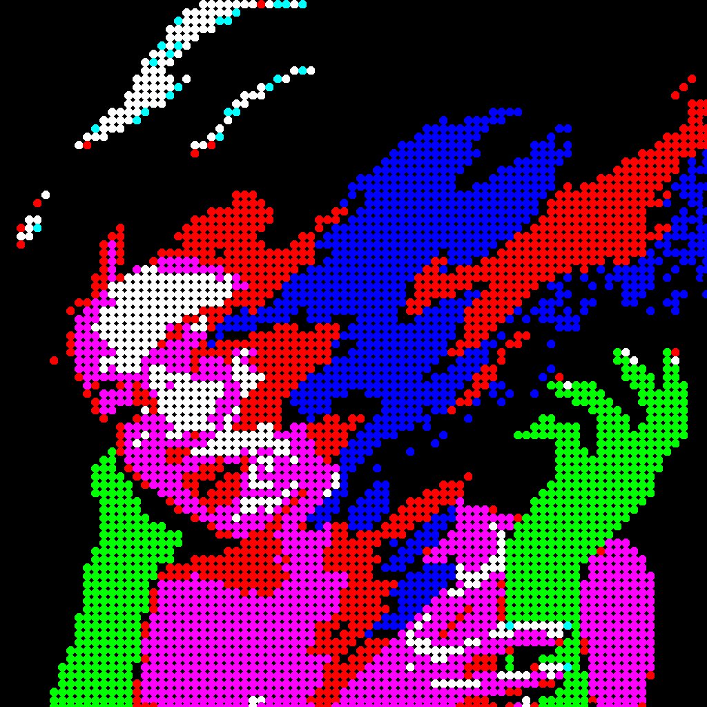 The image features a digital art piece of a person with their face, arms, and legs rendered in various colors including pink, blue, green, and red dots. The background is black, which contrasts with the colorful figure. The caption "Gm!Life's better in full color." suggests that the artist has used a vibrant color palette to create an eye-catching piece of art.