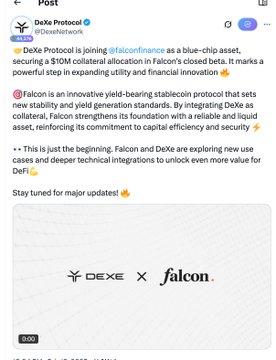 A Twitter/X post from DeXe Protocol (@DeXeNetwork) announcing a partnership with Falcon Finance as a blue-chip asset to secure a $10M collateral allocation in Falcon's closed beta.