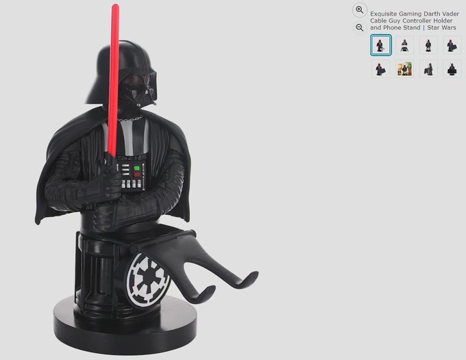 A product image showing an 'Exquisite Gaming Darth Vader Cable Guy Controller Holder and Phone Stand' figure, depicting Darth Vader holding a red lightsaber in one hand and sitting on an Imperial base design.