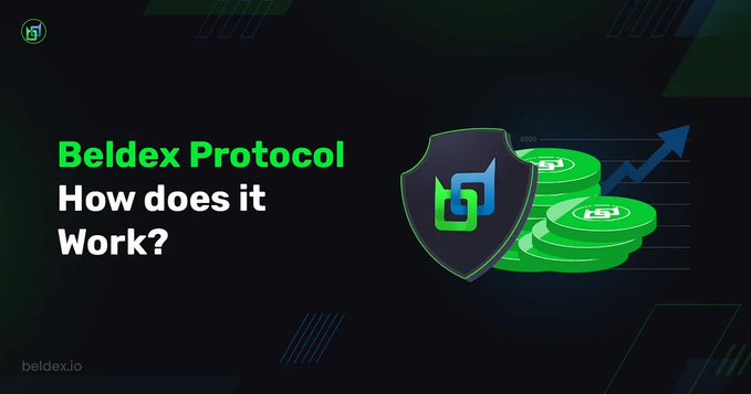 A promotional banner featuring "Beldex Protocol: How does it Work?" alongside a shield icon and stacked green coins, representing Beldex's privacy-focused cryptocurrency ecosystem as described in the post about securing private transactions, messages, and identity in Web3.