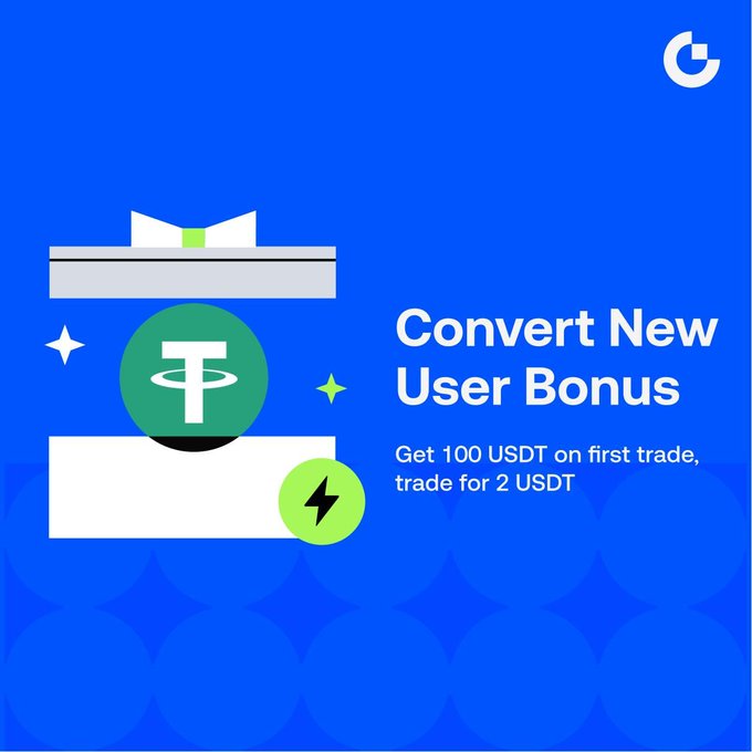 A Gate.io promotional graphic featuring a "Convert New User Bonus" against a blue background, advertising "Get 100 USDT on first trade, trade for 2 USDT" alongside a teal Tether (USDT) coin illustration. The image visually highlights the bonus rewards mentioned in the post, encouraging new users to try Gate Convert for easy crypto trading.