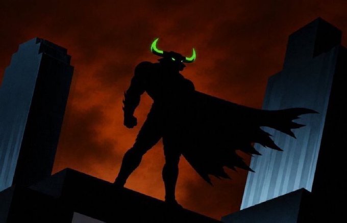 A dark silhouette of a horned superhero with glowing green eyes and a tattered cape stands against a dramatic red and orange sky between skyscrapers.