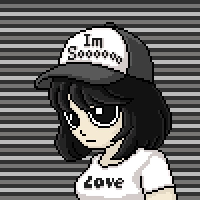 A pixel art illustration of a girl wearing a cap that reads "Im Soooooo" and a shirt that says "Love", shown against a static gray striped background.