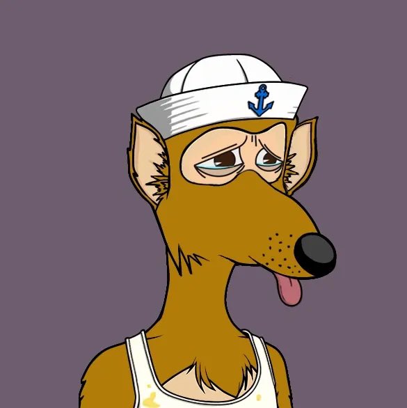A cartoon-style illustration of a brown dog character with a tired expression, its tongue hanging out, wearing a white sailor hat with a blue anchor emblem and a stained white tank top, set against a solid purple background.