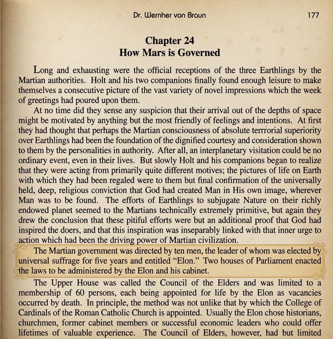 A page from a book by Dr. Wernher von Braun, specifically Chapter 24 titled "How Mars is Governed," describes the political system of Mars, including a leader called the "Elon" elected by universal suffrage, a 60-member Council of Elders, and an interplanetary visit by Earthlings.

The "Wtf" caption likely reflects surprise at the coincidence of the Martian leader's title being "Elon" — seemingly predicting Elon Musk's name decades before his rise to prominence.