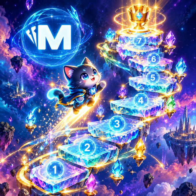 A digital illustration shows a cute cat character in a blue cape soaring up a glowing spiral staircase of crystal platforms numbered 1 through 7, with a logo displaying 'M'.