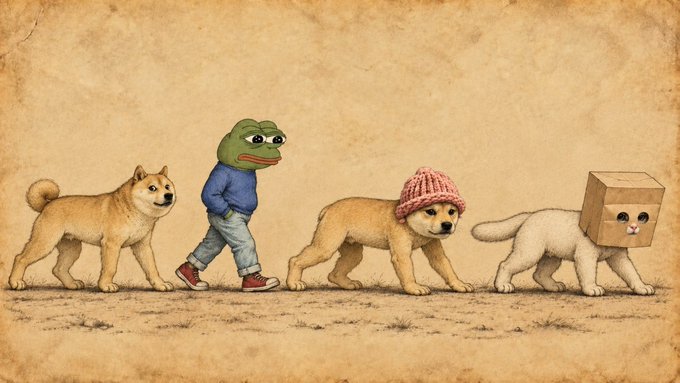 A quirky illustration depicts a procession of Shiba Inu dogs alongside a frog in a blue sweater and a white cat wearing a cardboard box on its head, styled like a vintage sepia photograph.